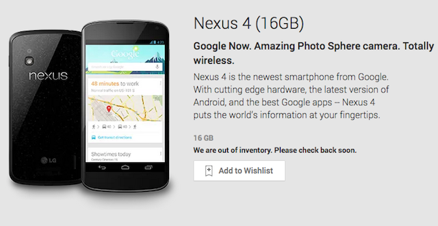 Google распродала «гуглофон» Nexus 4 в США